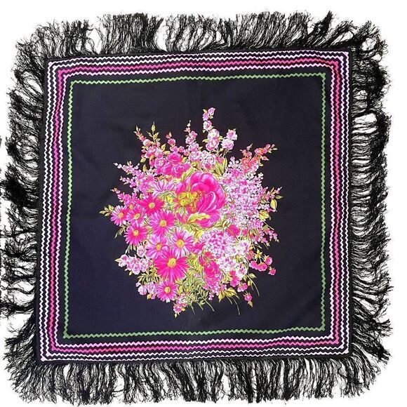 Vintage Peasant Scarf Black Cotton with Pink Floral 32 x 32 inch - Picture 1 of 6